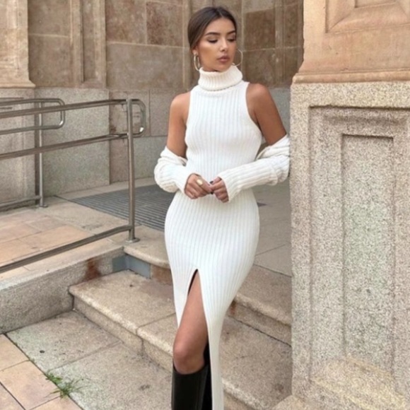 KAIA X ZARA RIBBED LONG DRESS CREAM WHITE - Picture 1 of 4